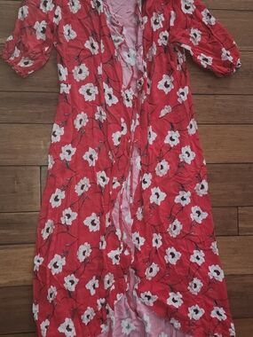 Magnolia Skye Red Floral Puff-Sleeve Dress L